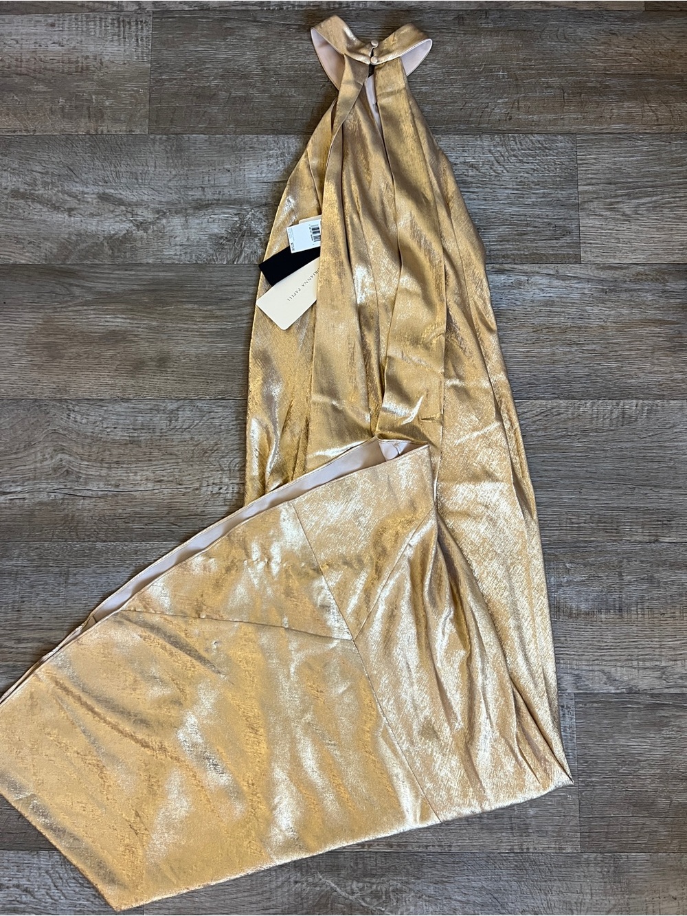 Adrianna Papell Foiled Mermaid Gown With Halter Neckline In Light Gold - Picture 6 of 8